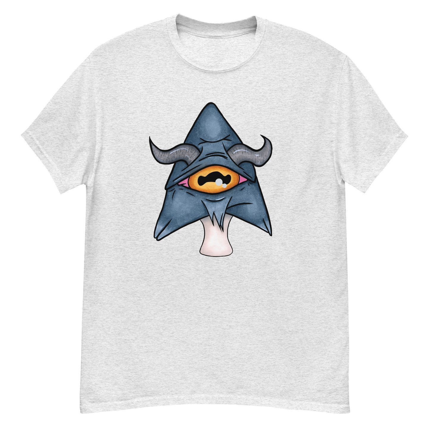 ash mens tee featuring a trippy grey goat mushroom design with one yellow eye