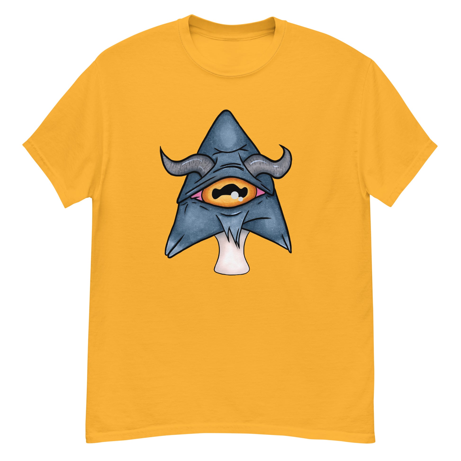 gold mens tee featuring a trippy grey goat mushroom design with one yellow eye