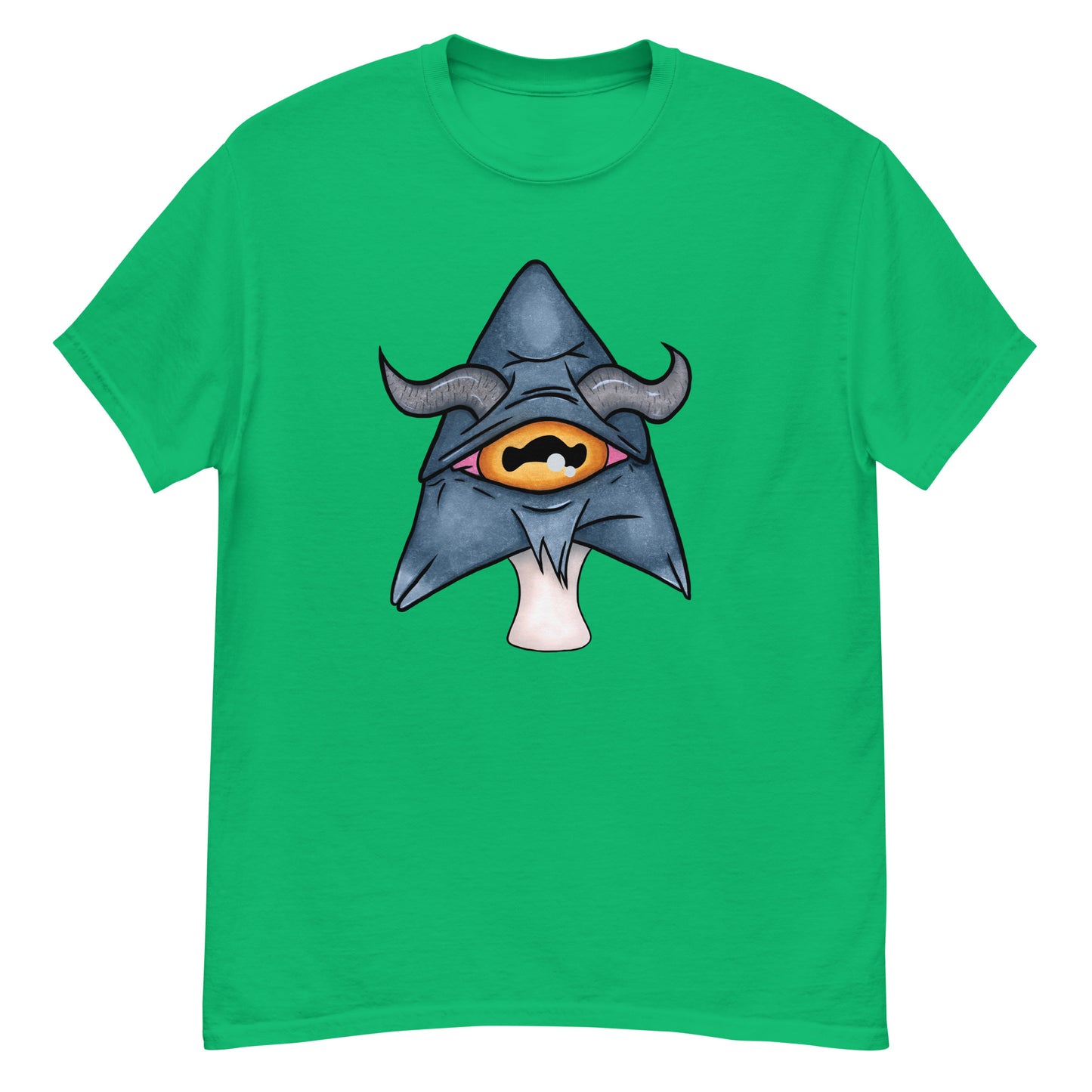 irish green mens tee featuring a trippy grey goat mushroom design with one yellow eye