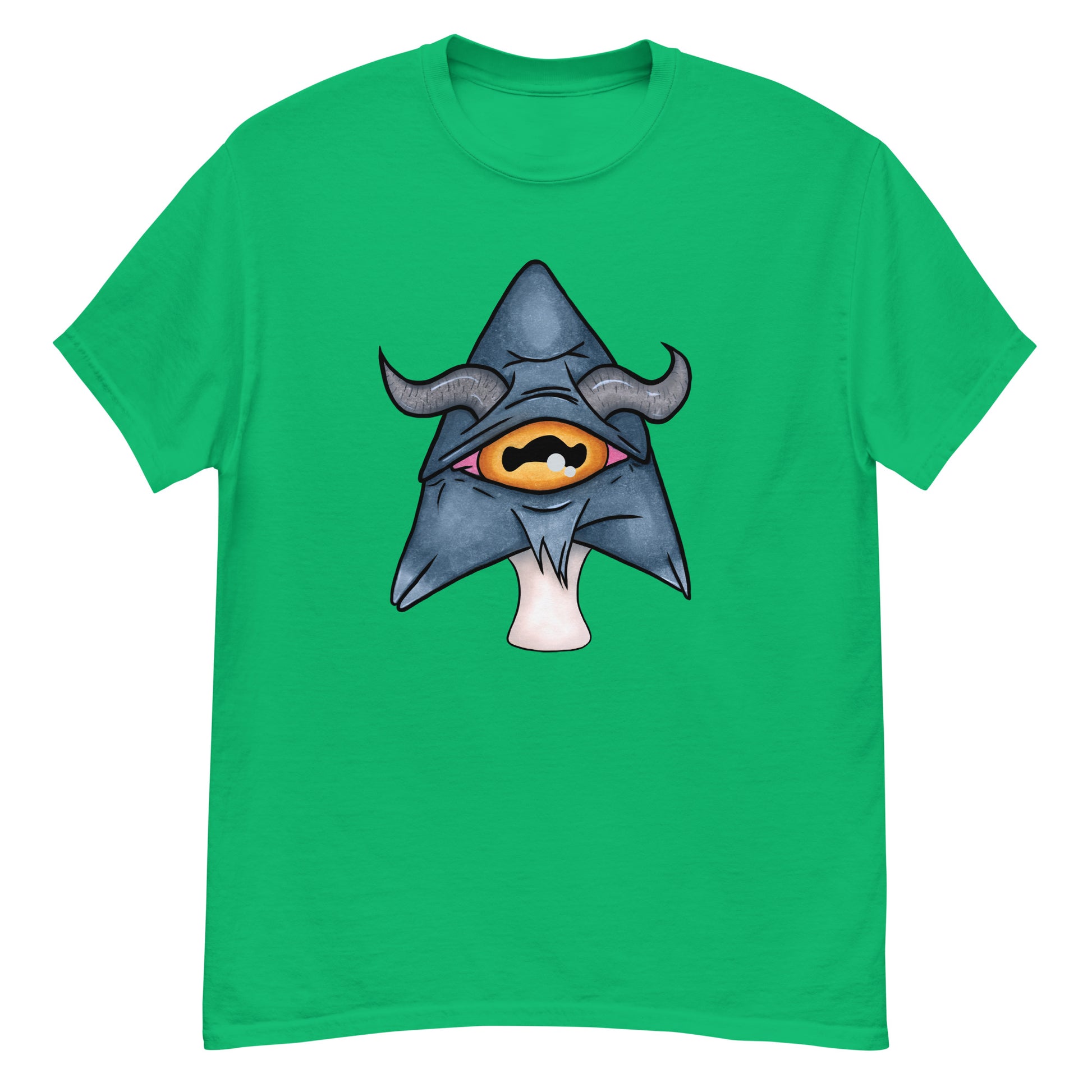 irish green mens tee featuring a trippy grey goat mushroom design with one yellow eye