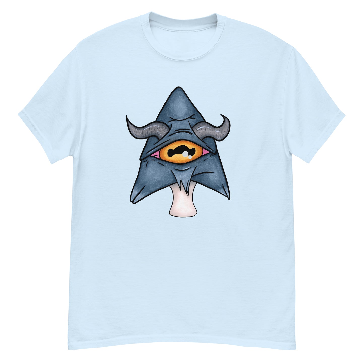 light blue mens tee featuring a trippy grey goat mushroom design with one yellow eye