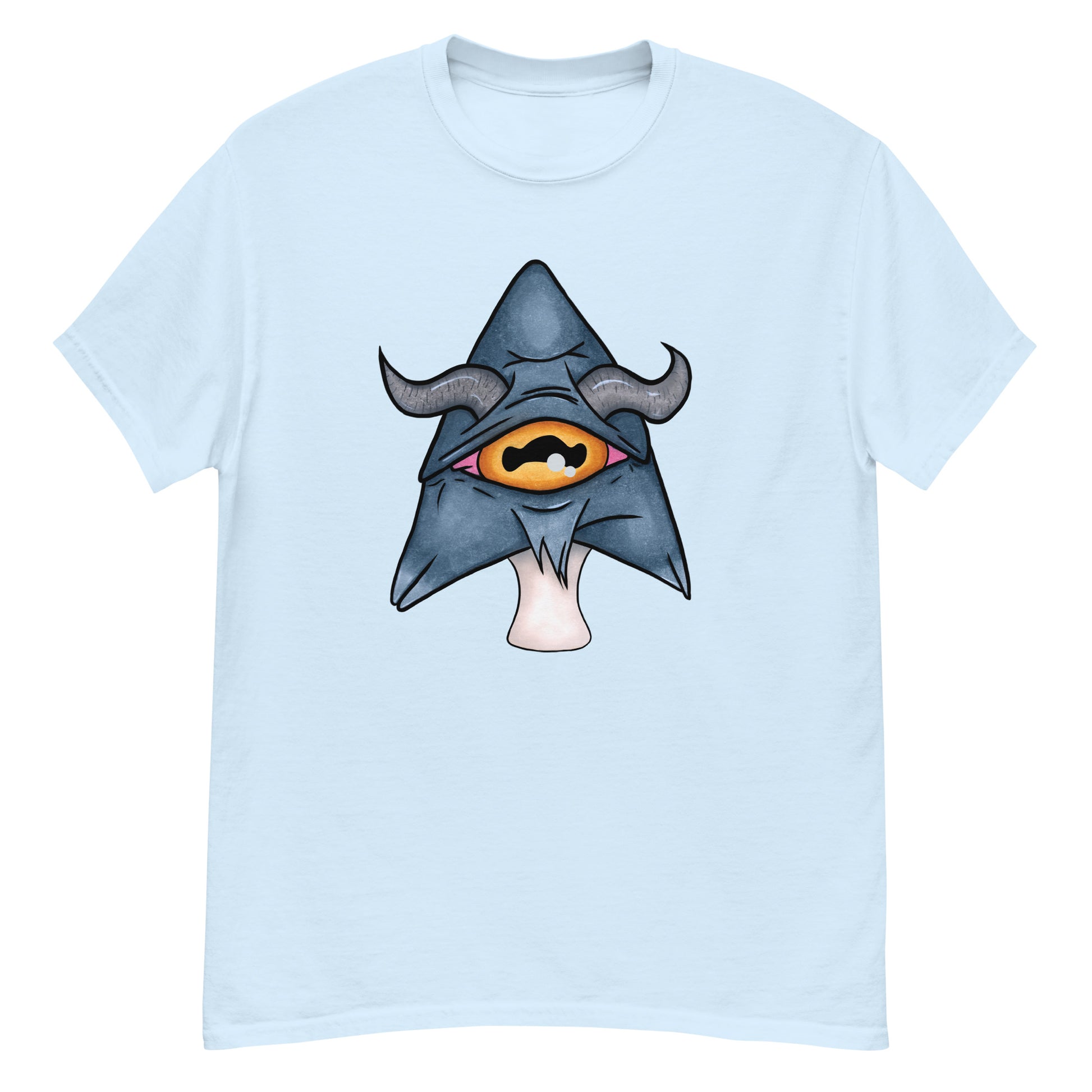 light blue mens tee featuring a trippy grey goat mushroom design with one yellow eye