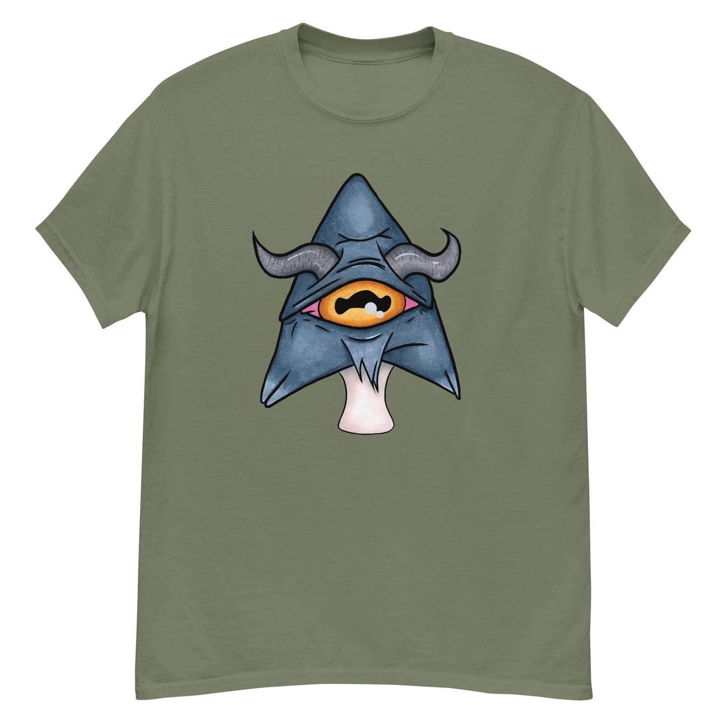 military green mens tee featuring a trippy grey goat mushroom design with one yellow eye