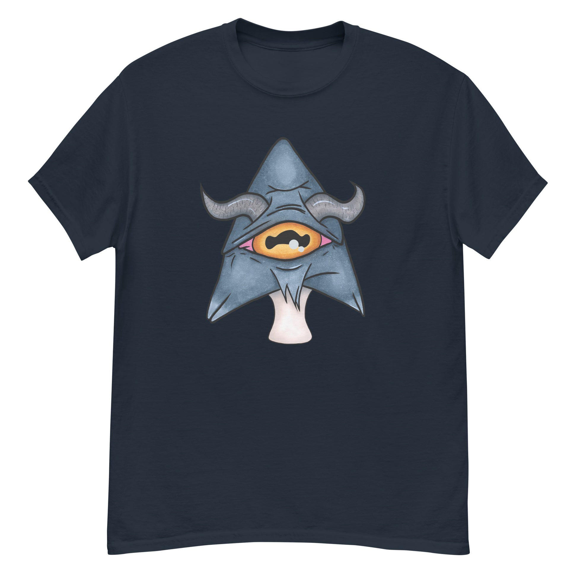 navy mens tee featuring a trippy grey goat mushroom design with one yellow eye