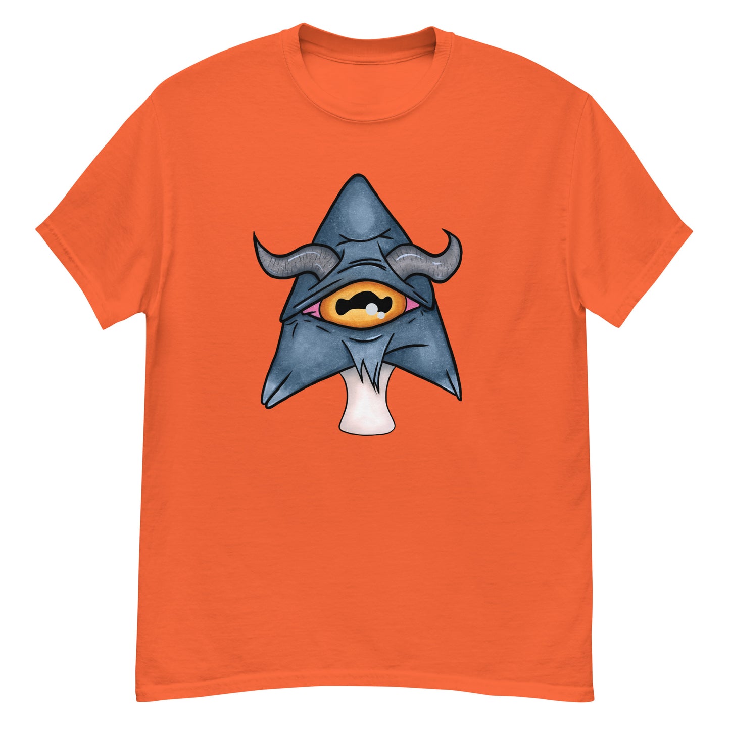 orange mens tee featuring a trippy grey goat mushroom design with one yellow eye