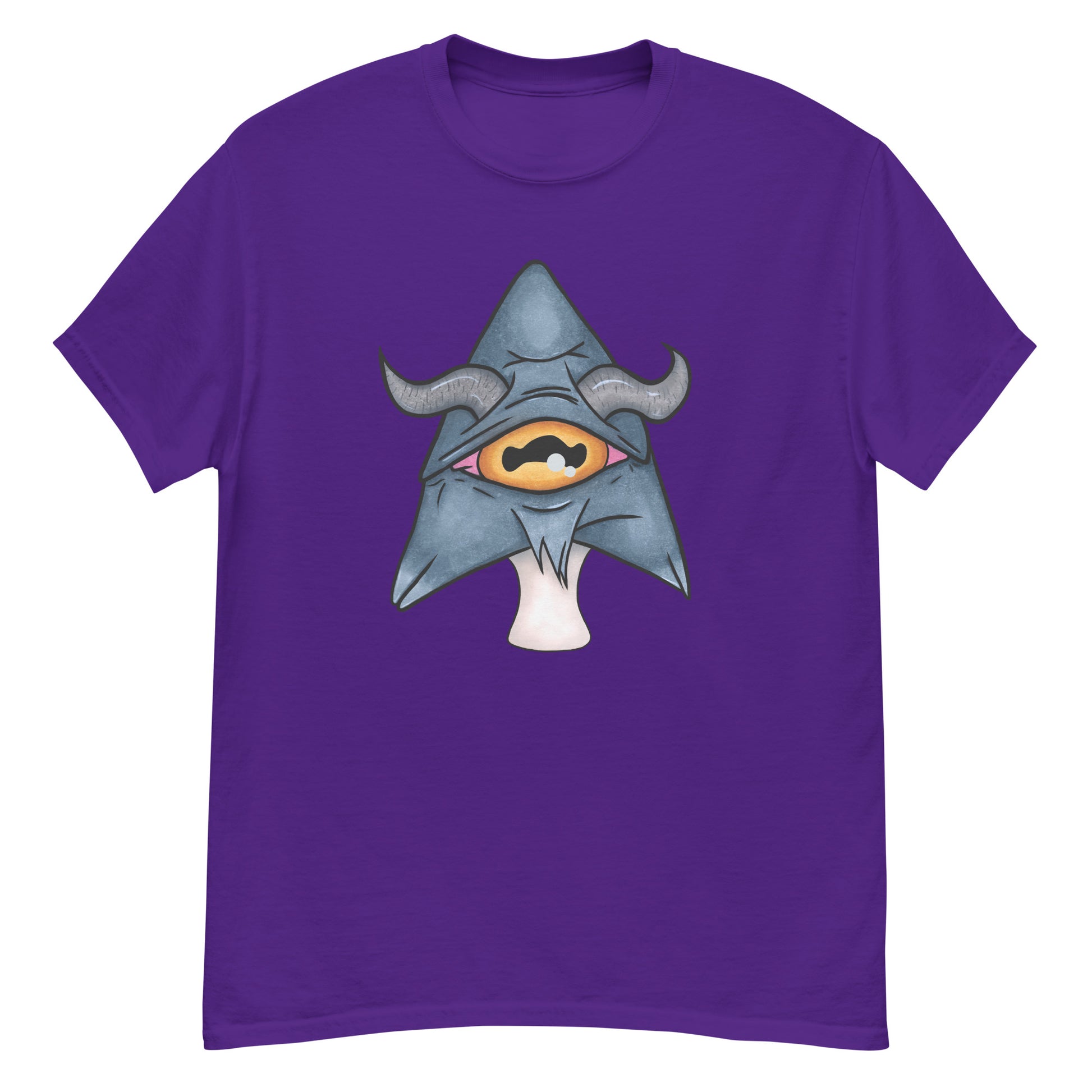 purple mens tee featuring a trippy grey goat mushroom design with one yellow eye