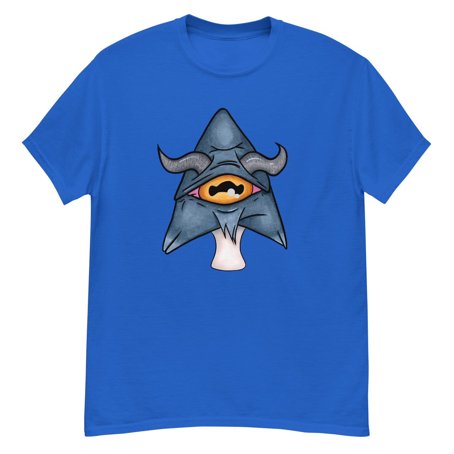 royal blue mens tee featuring a trippy grey goat mushroom design with one yellow eye