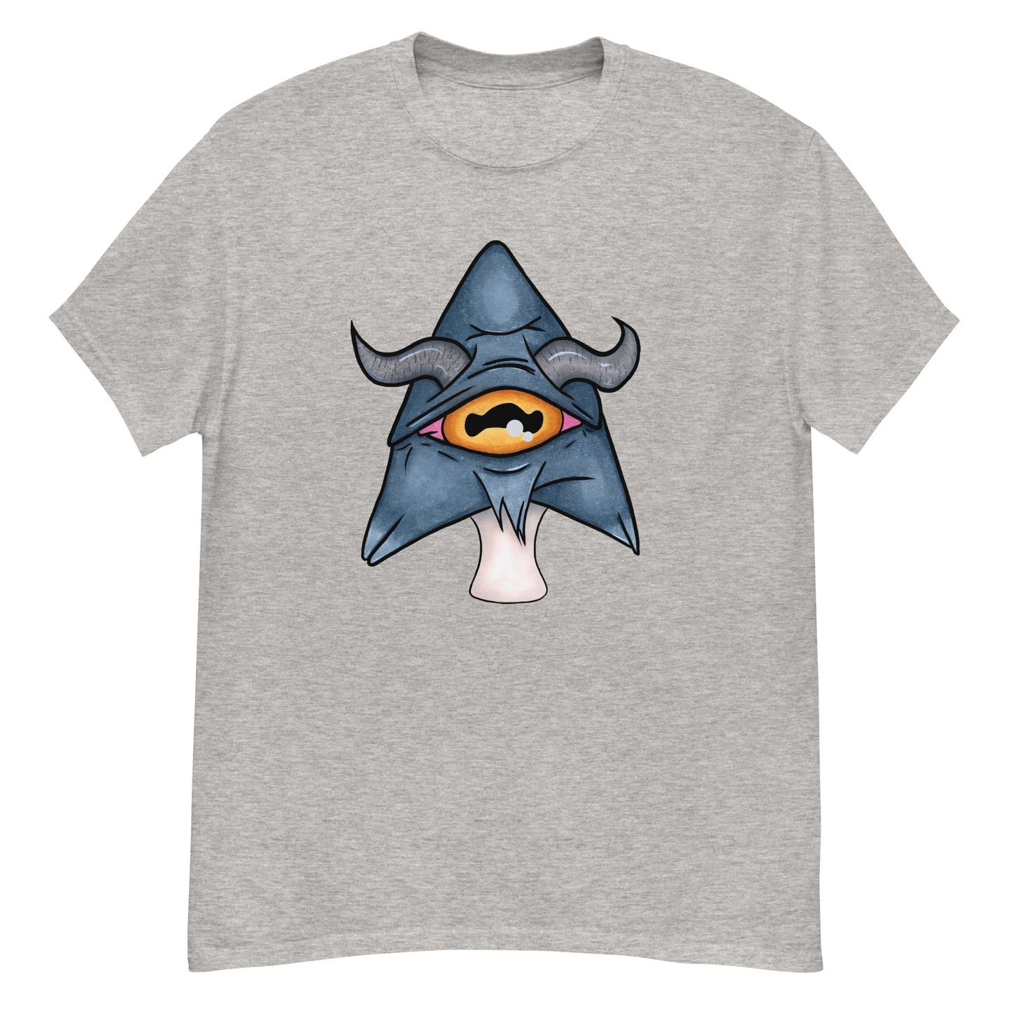 sport grey mens tee featuring a trippy grey goat mushroom design with one yellow eye