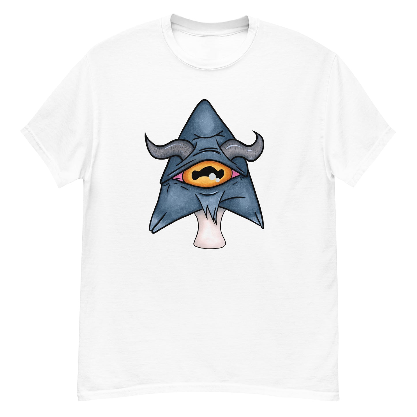 white mens tee featuring a trippy grey goat mushroom design with one yellow eye