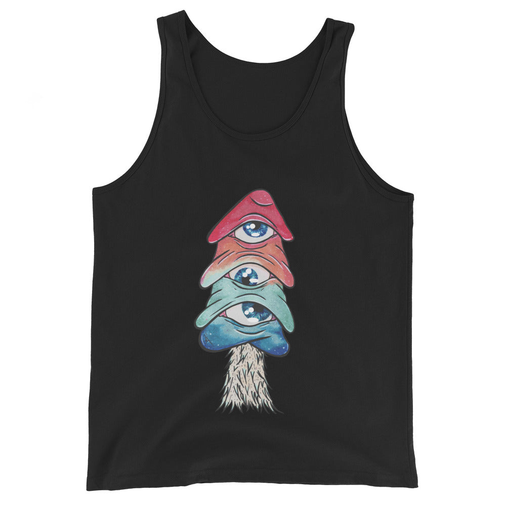 black tank top mushroom with 3 eyes in pink green and blue design