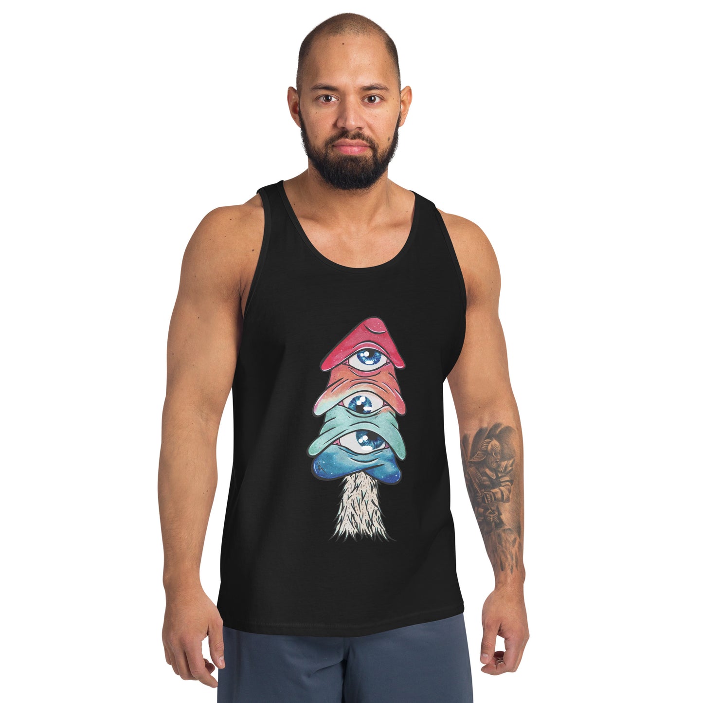 Male wears a black tank top mushroom with 3 eyes in pink green and blue design