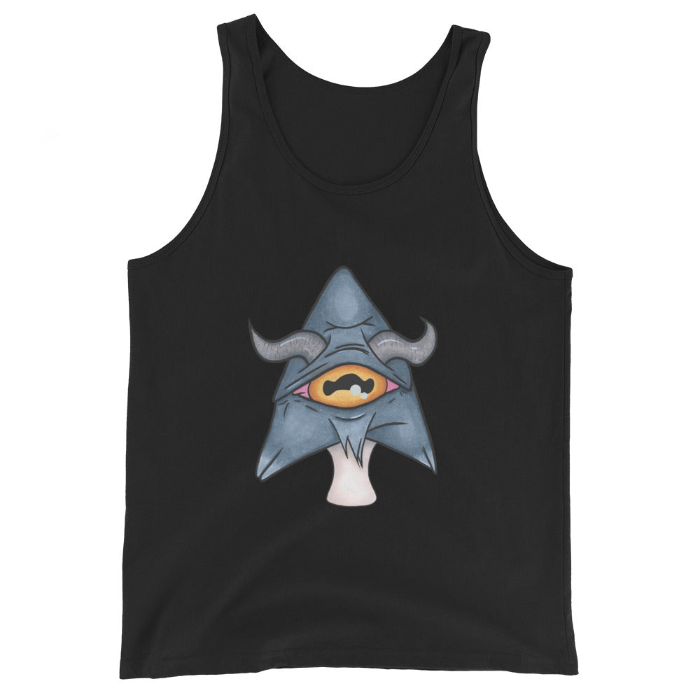 black tank top featuring a trippy grey goat mushroom design with one yellow eye