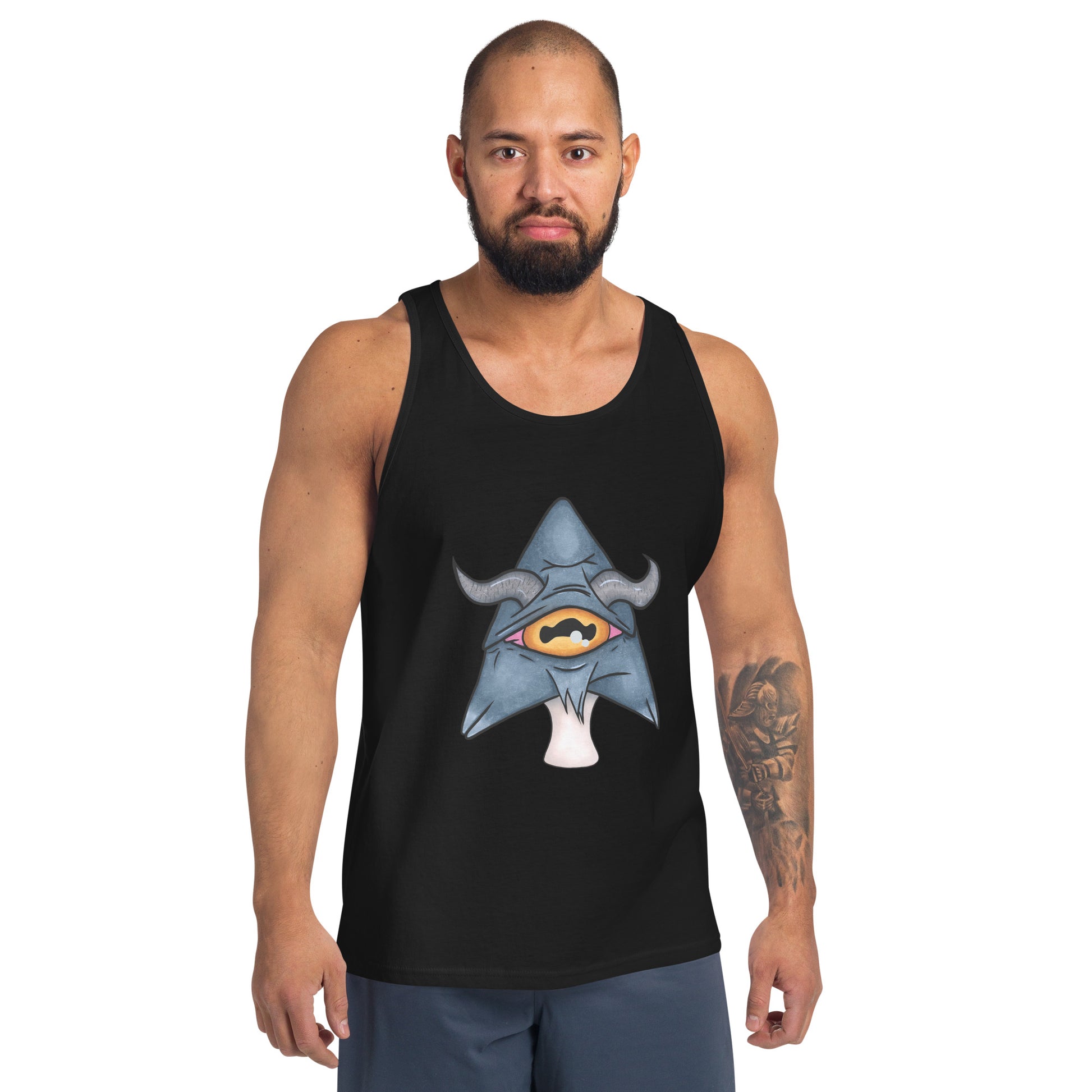 male model wears black tank top featuring a trippy grey goat mushroom design with one yellow eye