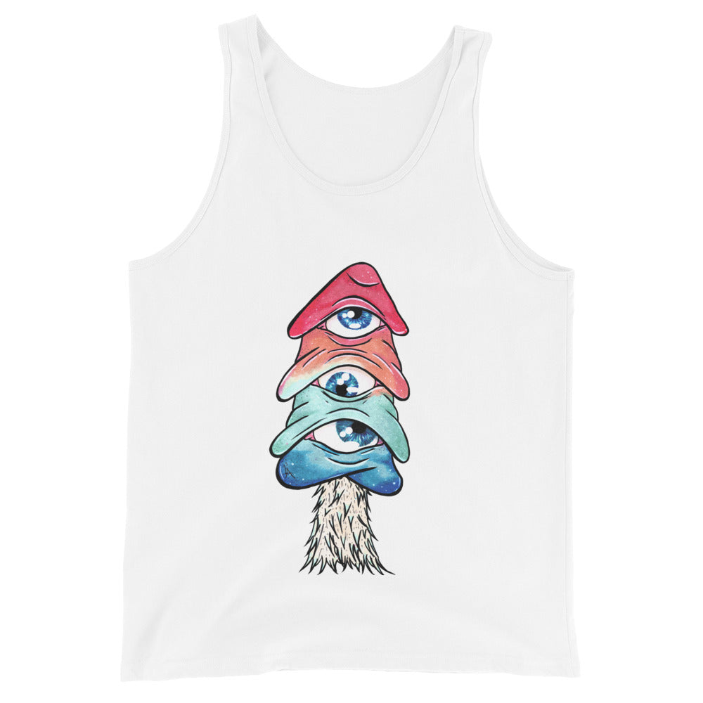 white tank top mushroom with 3 eyes in pink green and blue design