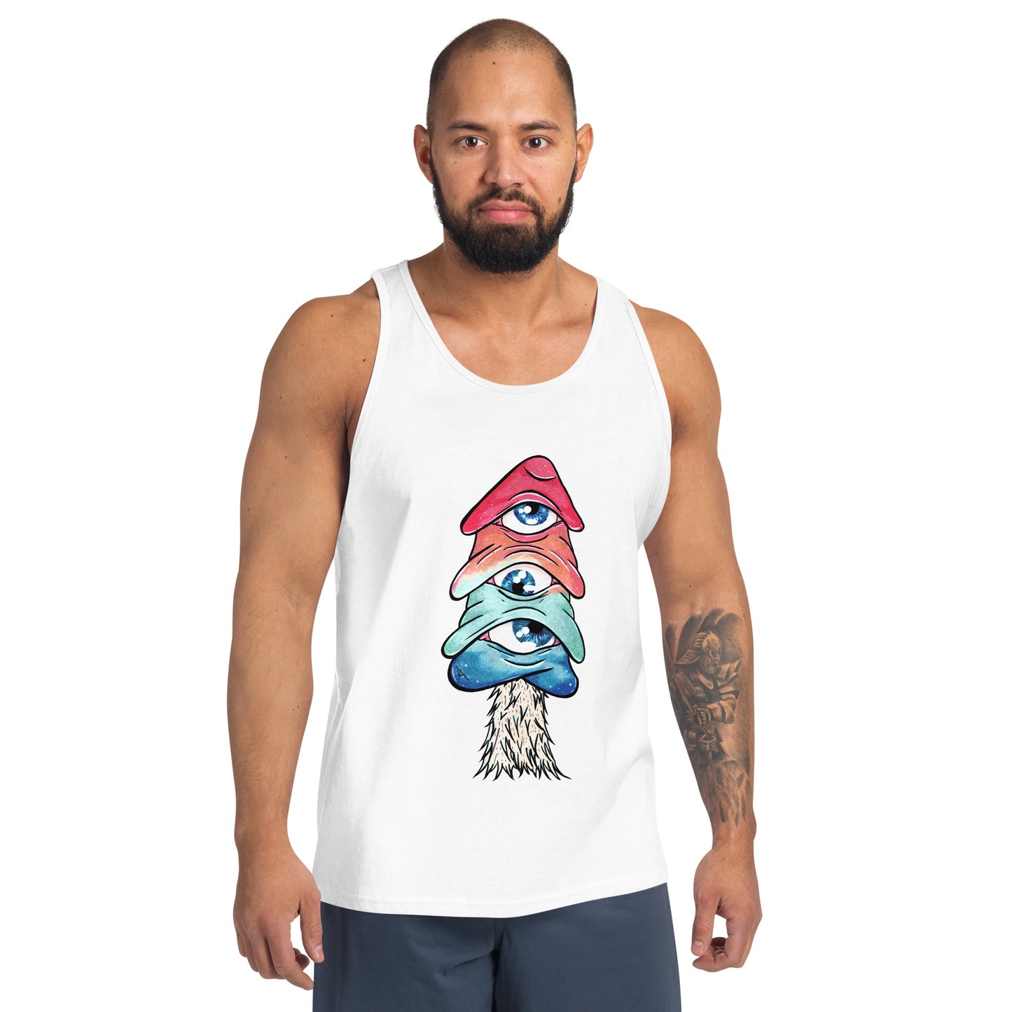 Male wears a white tank top mushroom with 3 eyes in pink green and blue design