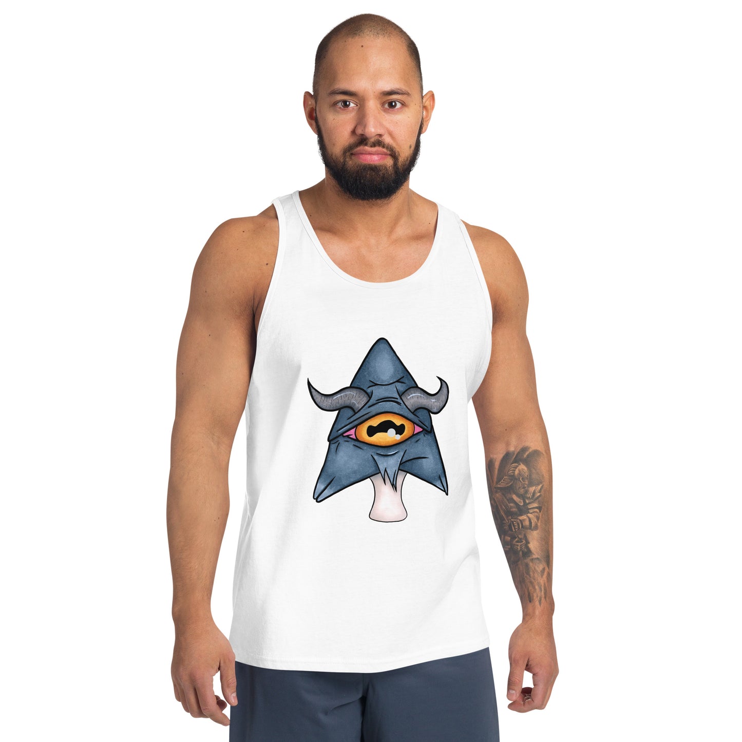 male model wears white tank top featuring a trippy grey goat mushroom design with one yellow eye