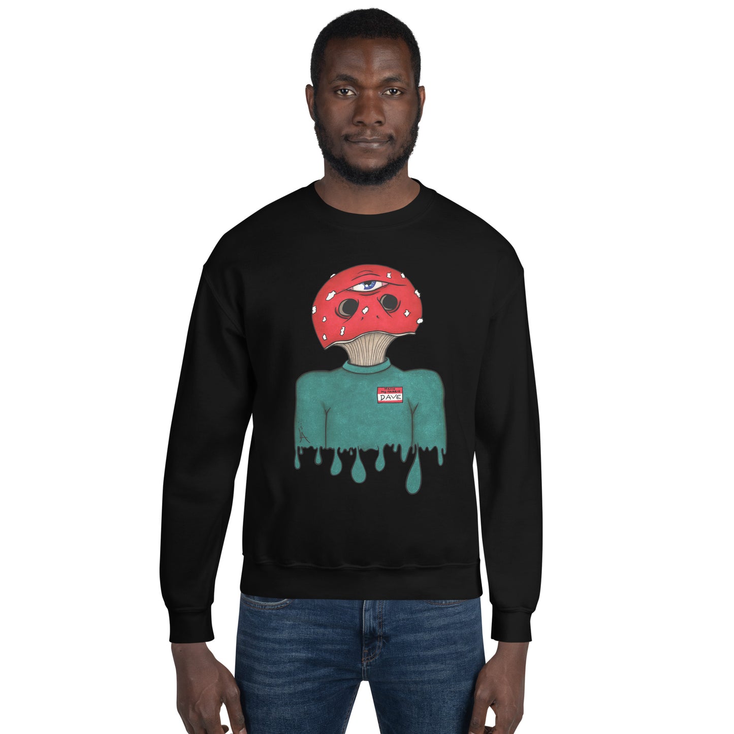 male model wears trippy toadstool mushroom man named Dave printed on a black unisex sweatshirt 