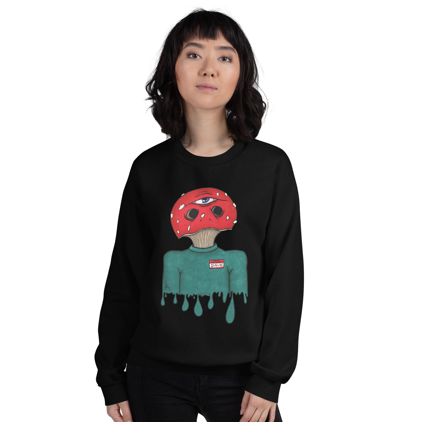 female model wears trippy toadstool mushroom man named Dave printed on a black unisex sweatshirt 