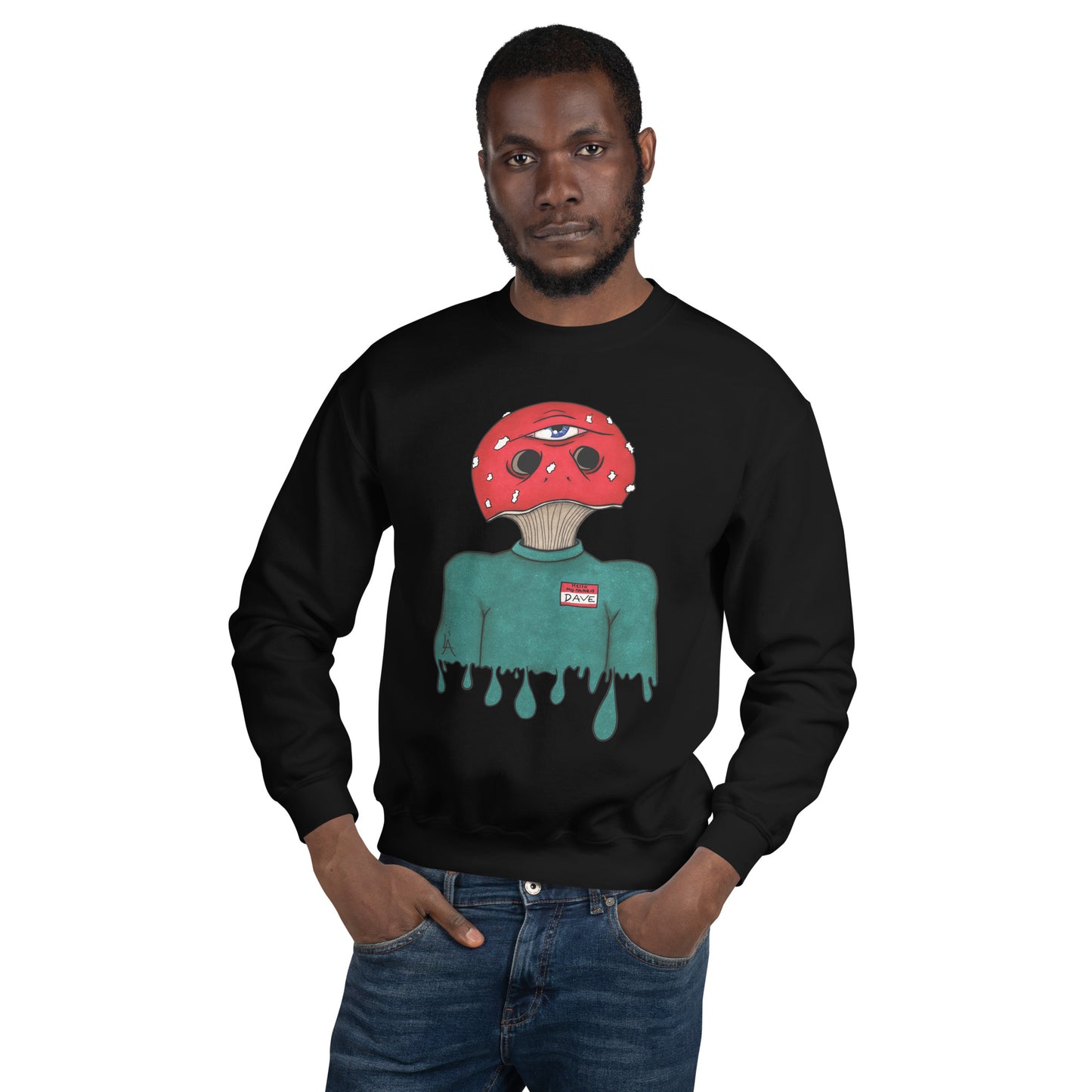 male model wears trippy toadstool mushroom man named Dave printed on a black unisex sweatshirt 