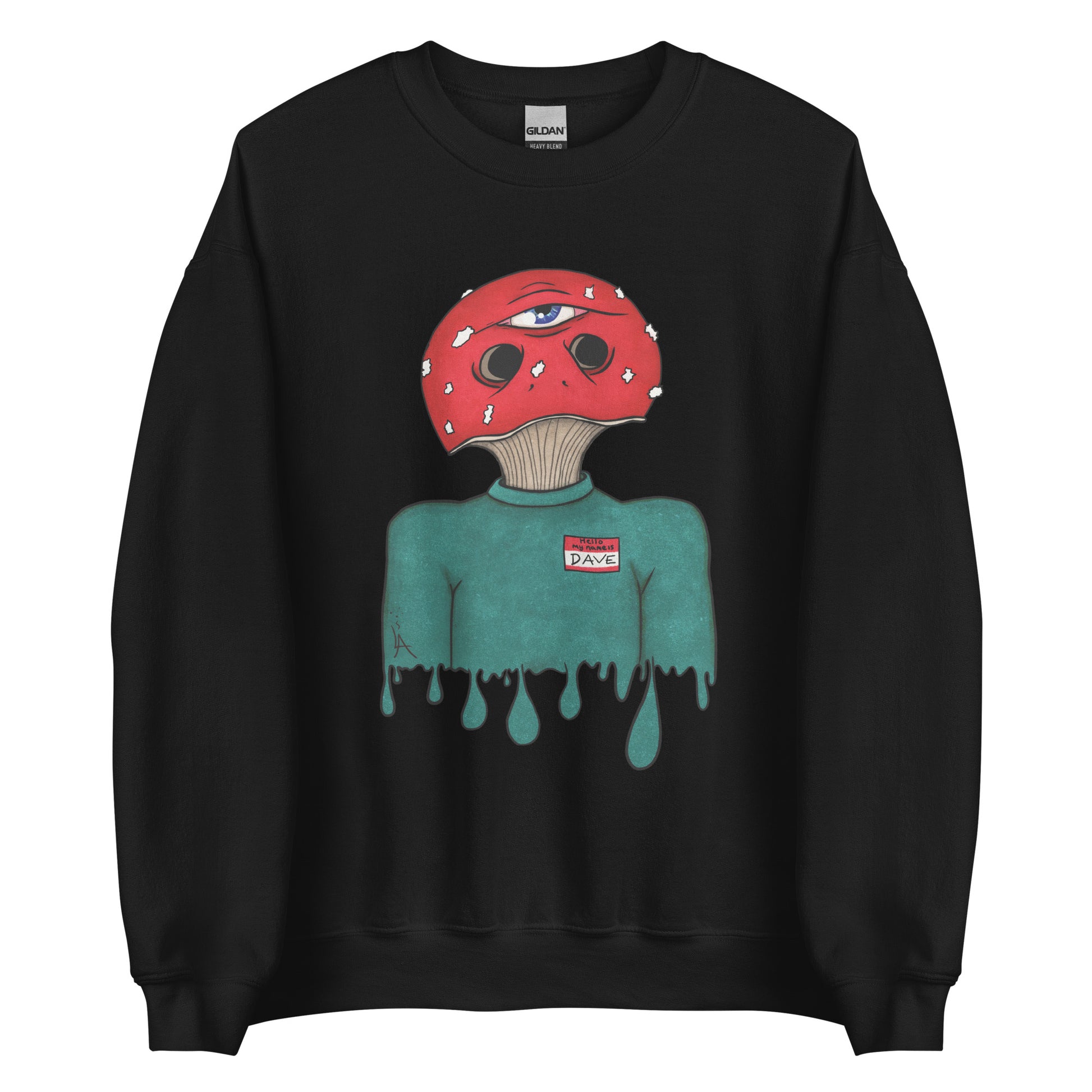 trippy toadstool mushroom man named Dave printed on a black unisex sweatshirt 