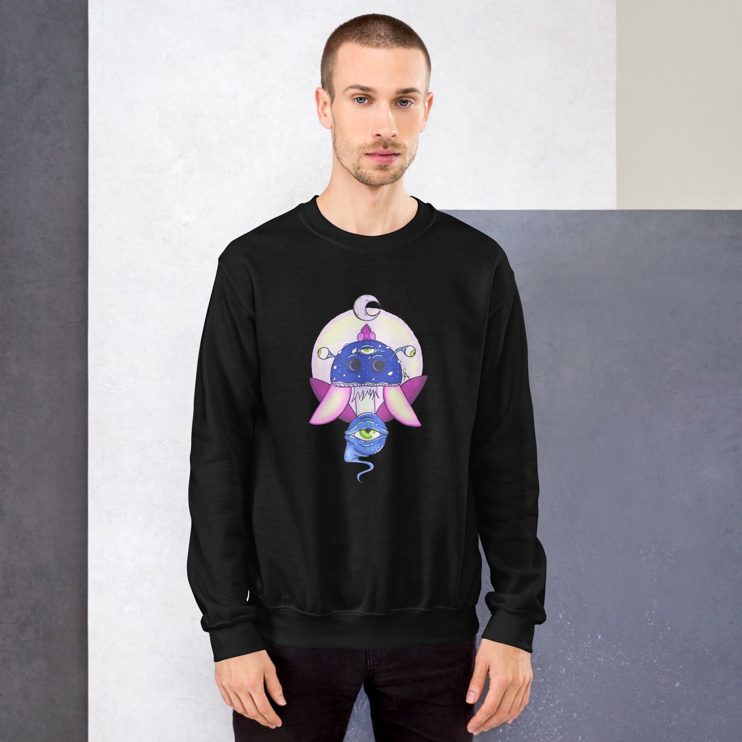 male wears Unisex black crew neck sweatshirt with mystical print featuring a multi-eyed mushroom, insect wings, and a watchful eye.