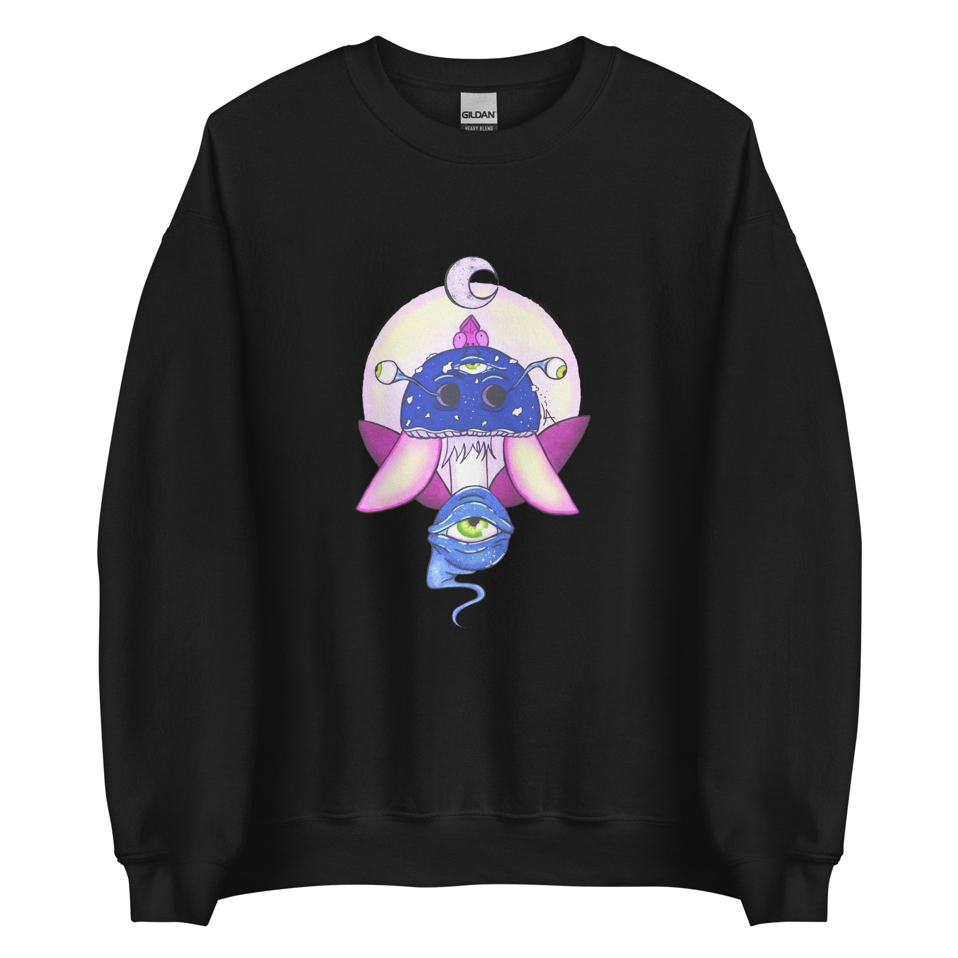 Unisex black crew neck sweatshirt showcasing a complex, mystical print. Central is a celestial-inspired, multi-eyed mushroom entity positioned under a crescent moon, illustrated in shades of deep blue and indigo, symbolising tranquillity. Below are vibrant pink insect-like wings. At the base of the design is a vigilant eye with a sapphire-hued tendril, indicative of wisdom and perception. The design exudes a dreamy, mystical vibe, with a color palette of blues, pinks, and purples.