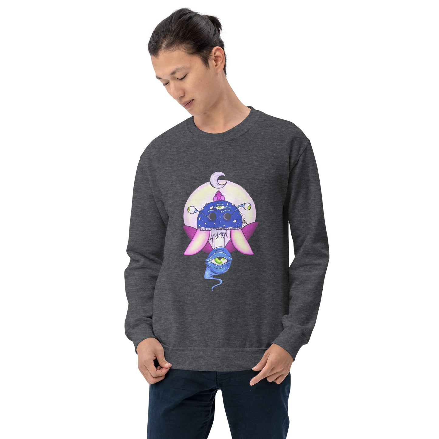 male model wears Unisex dark heather crew neck sweatshirt with mystical print featuring a multi-eyed mushroom, insect wings, and a watchful eye.