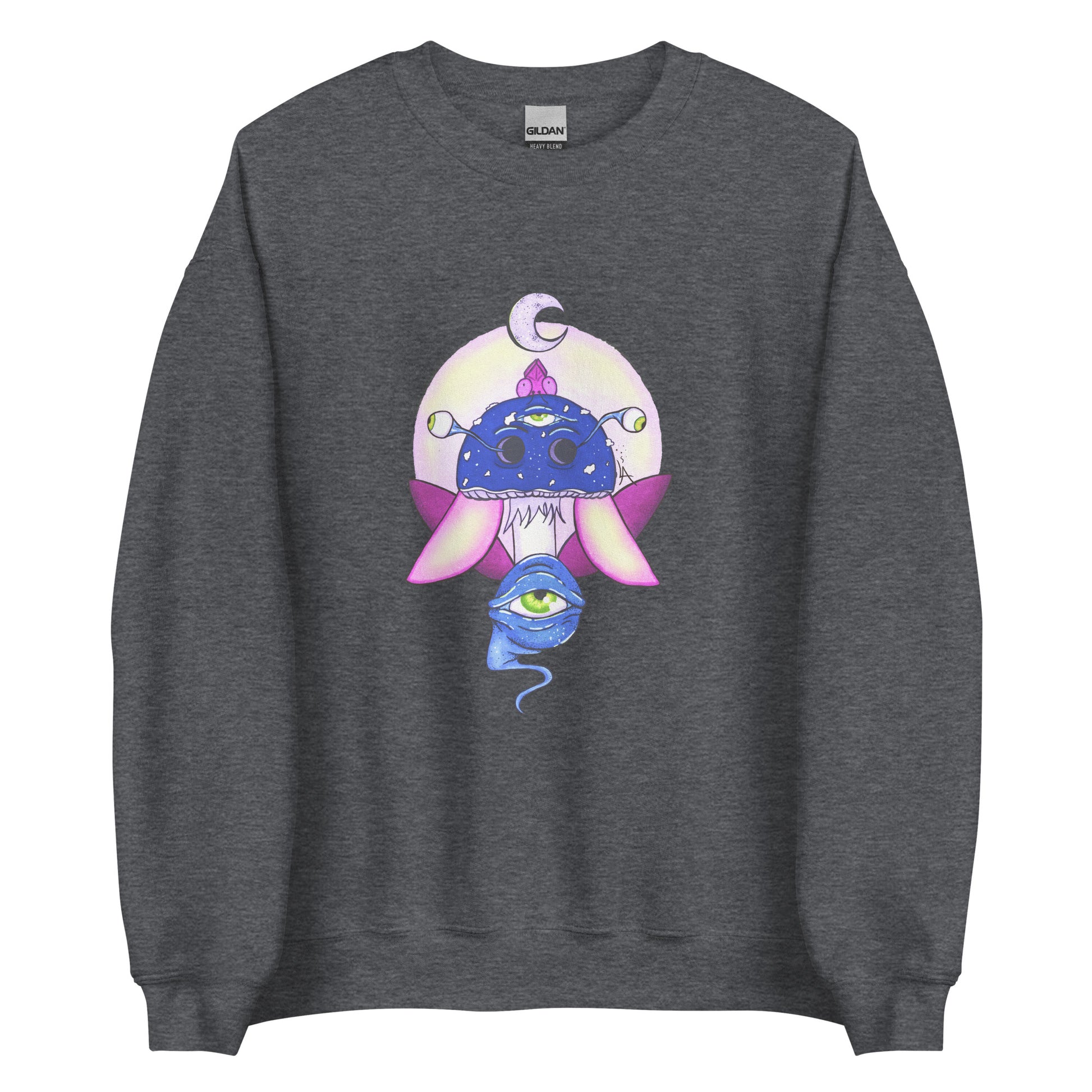 Unisex dark heather crew neck sweatshirt with mystical print featuring a multi-eyed mushroom, insect wings, and a watchful eye.