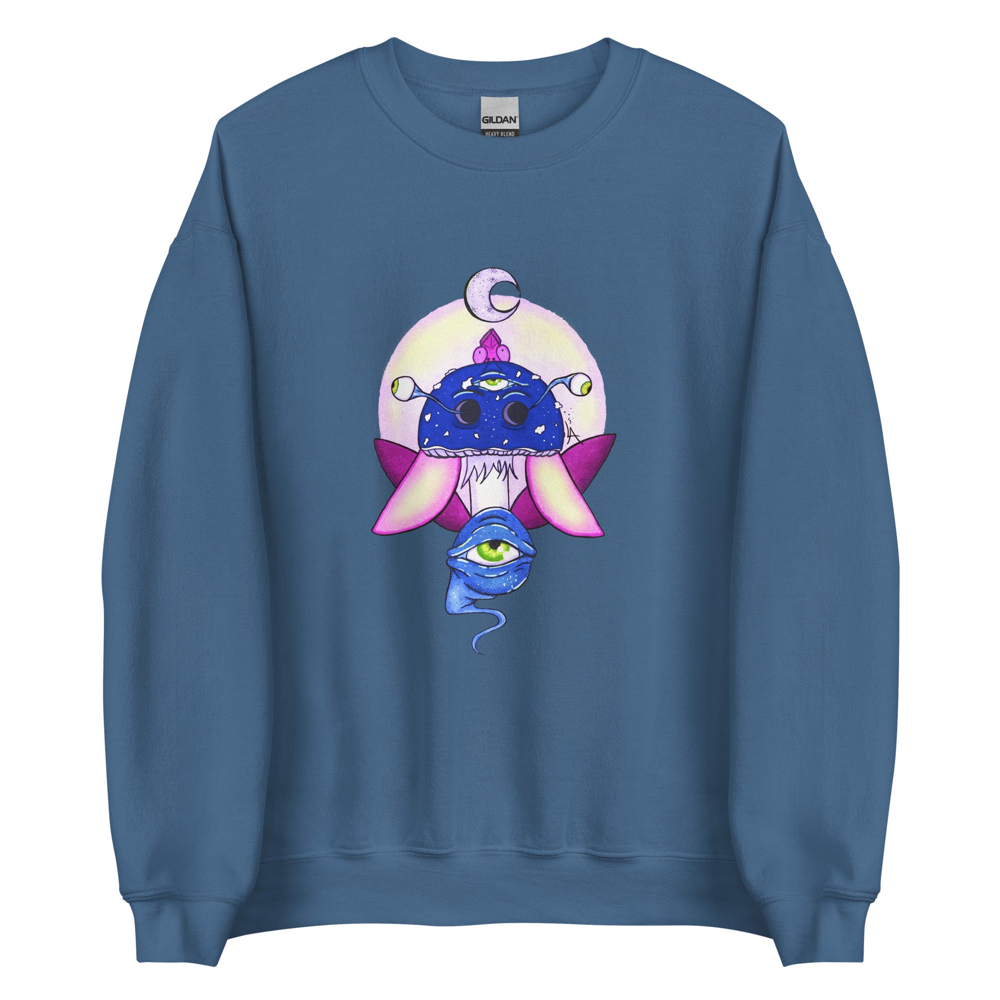 Unisex indigo blue crew neck sweatshirt with mystical print featuring a multi-eyed mushroom, insect wings, and a watchful eye.