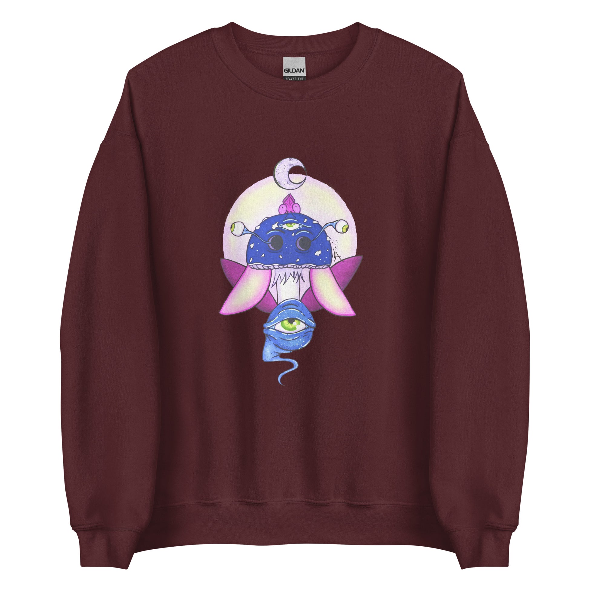 Unisex maroon crew neck sweatshirt with mystical print featuring a multi-eyed mushroom, insect wings, and a watchful eye.