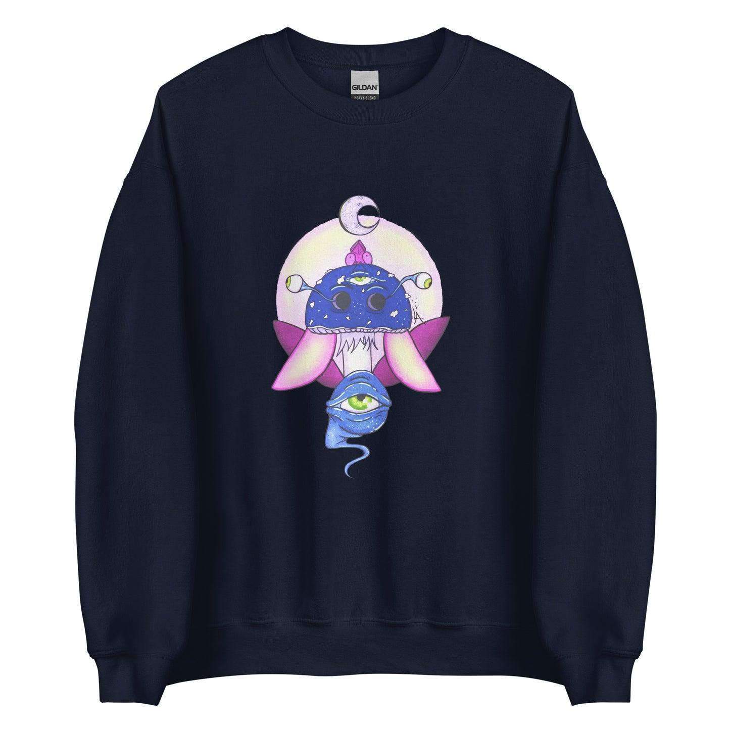 Unisex navy crew neck sweatshirt with mystical print featuring a multi-eyed mushroom, insect wings, and a watchful eye.