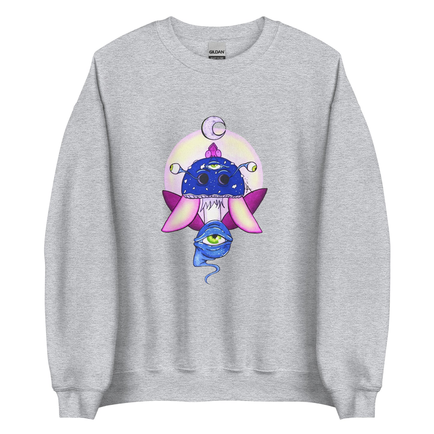 Unisex sport grey crew neck sweatshirt with mystical print featuring a multi-eyed mushroom, insect wings, and a watchful eye.