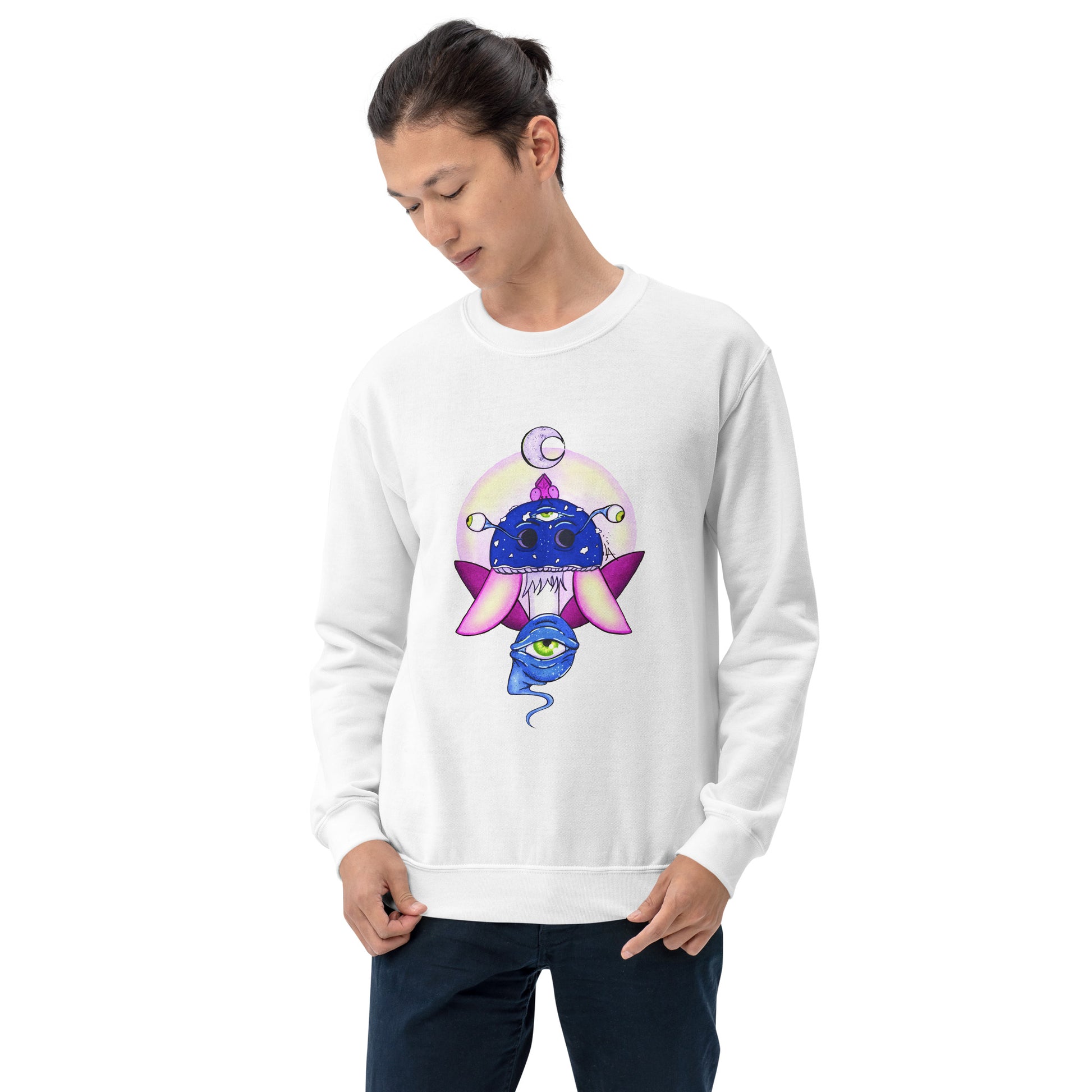 male model wears Unisex white crew neck sweatshirt with mystical print featuring a multi-eyed mushroom, insect wings, and a watchful eye.