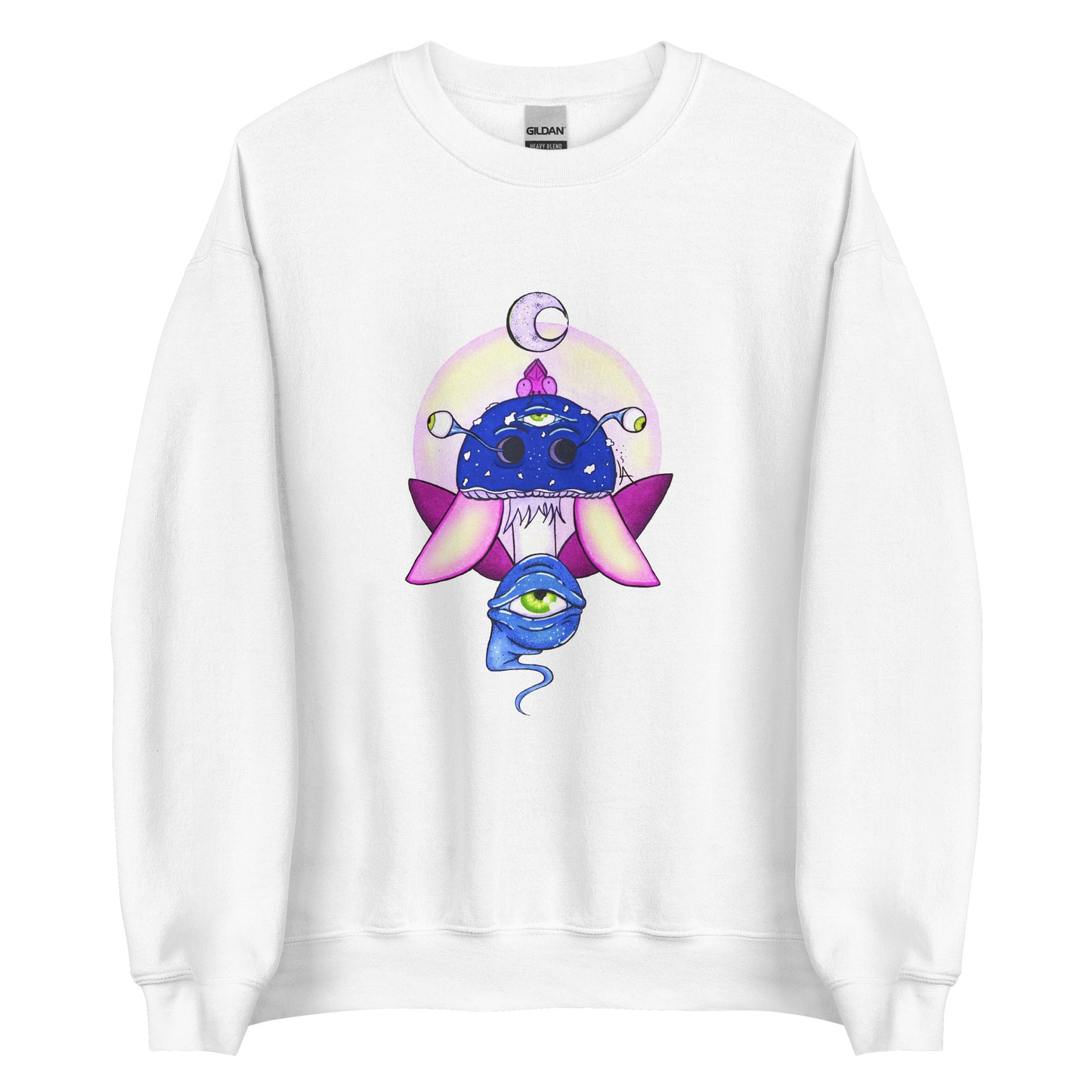 Unisex white crew neck sweatshirt with mystical print featuring a multi-eyed mushroom, insect wings, and a watchful eye.