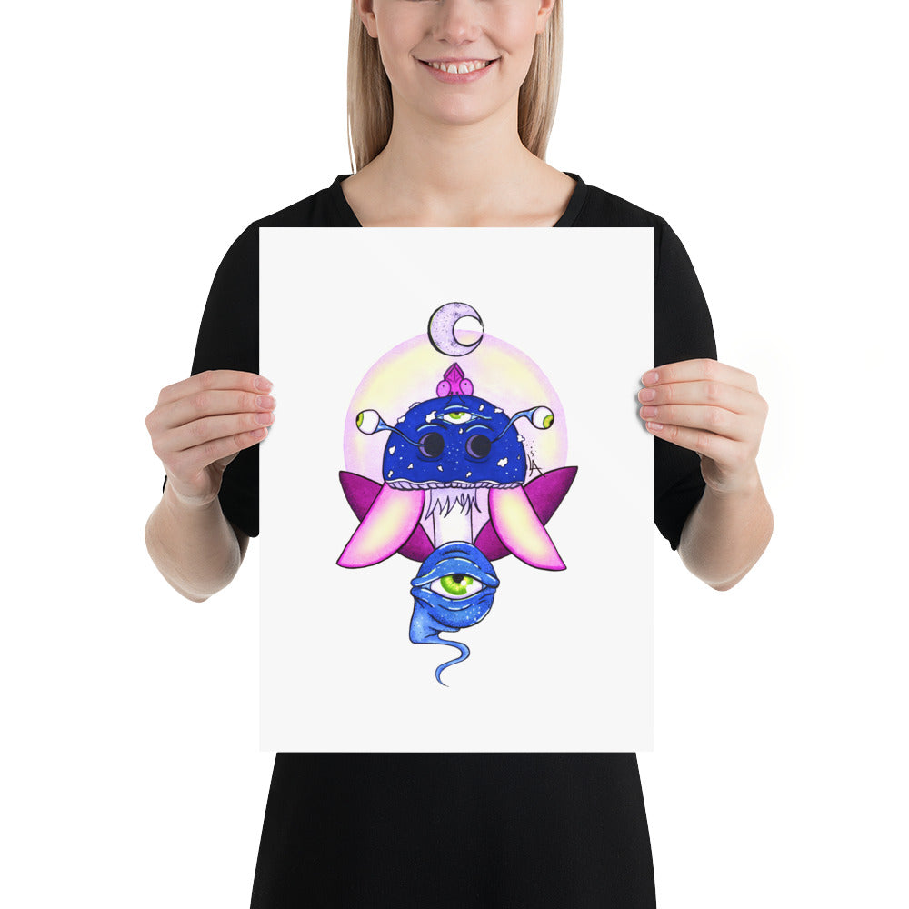 psychedelic toadstool mushroom with eyes full moon crescent moon flying insect in winter blue and purple poster 30x40cm