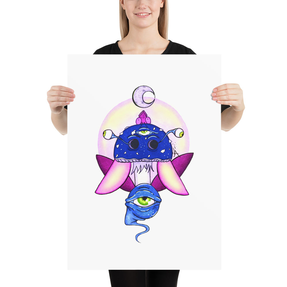 psychedelic toadstool mushroom with eyes full moon crescent moon flying insect in winter blue and purple poster 50x70cm