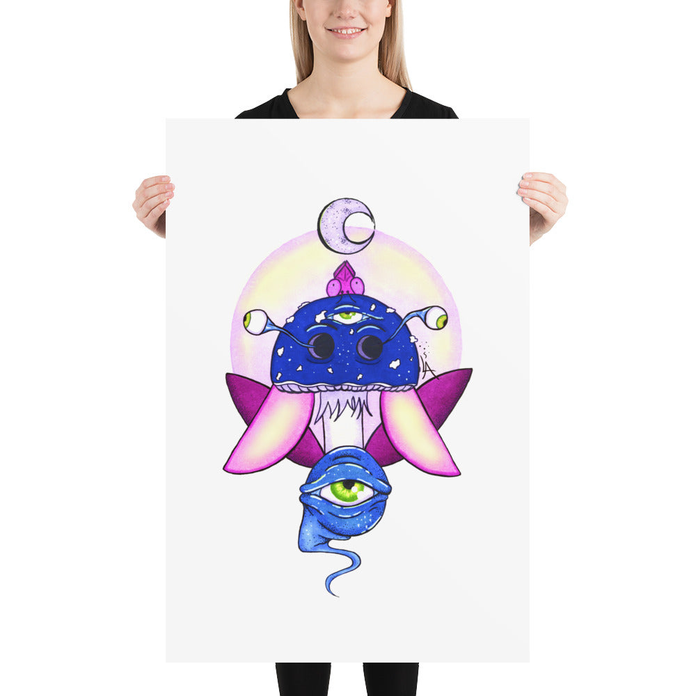 psychedelic toadstool mushroom with eyes full moon crescent moon flying insect in winter blue and purple poster 61x91cm