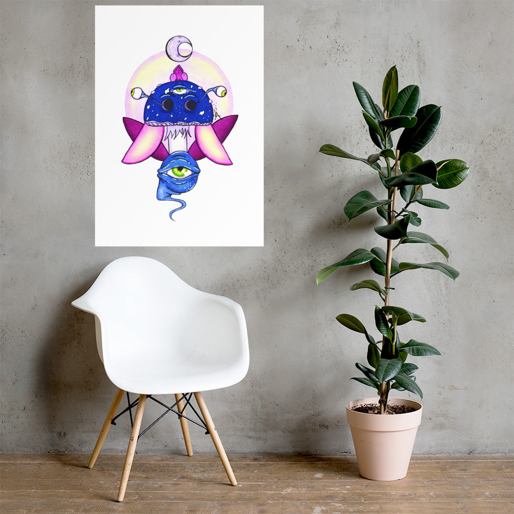 psychedelic toadstool mushroom with eyes full moon crescent moon flying insect in winter blue and purple poster 70x100cm on wall 