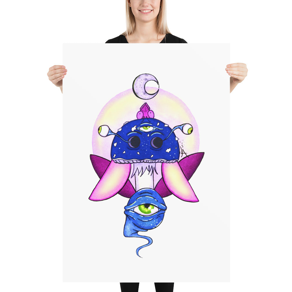 psychedelic toadstool mushroom with eyes full moon crescent moon flying insect in winter blue and purple poster 70x100cm