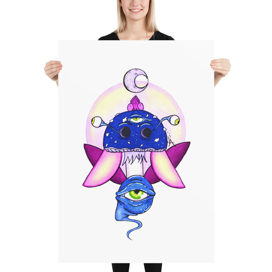 psychedelic toadstool mushroom with eyes full moon crescent moon flying insect in winter blue and purple poster 70x100cm