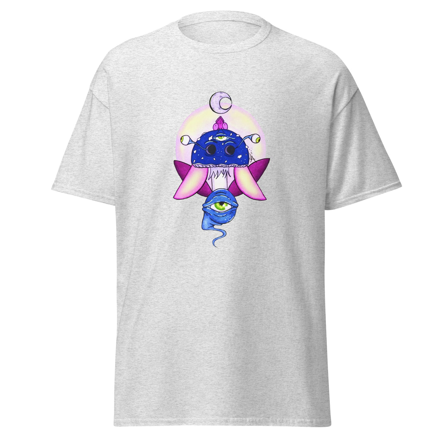 ash tshirt psychedelic toadstool mushroom with eyes full moon crescent moon flying insect in winter blue and purple