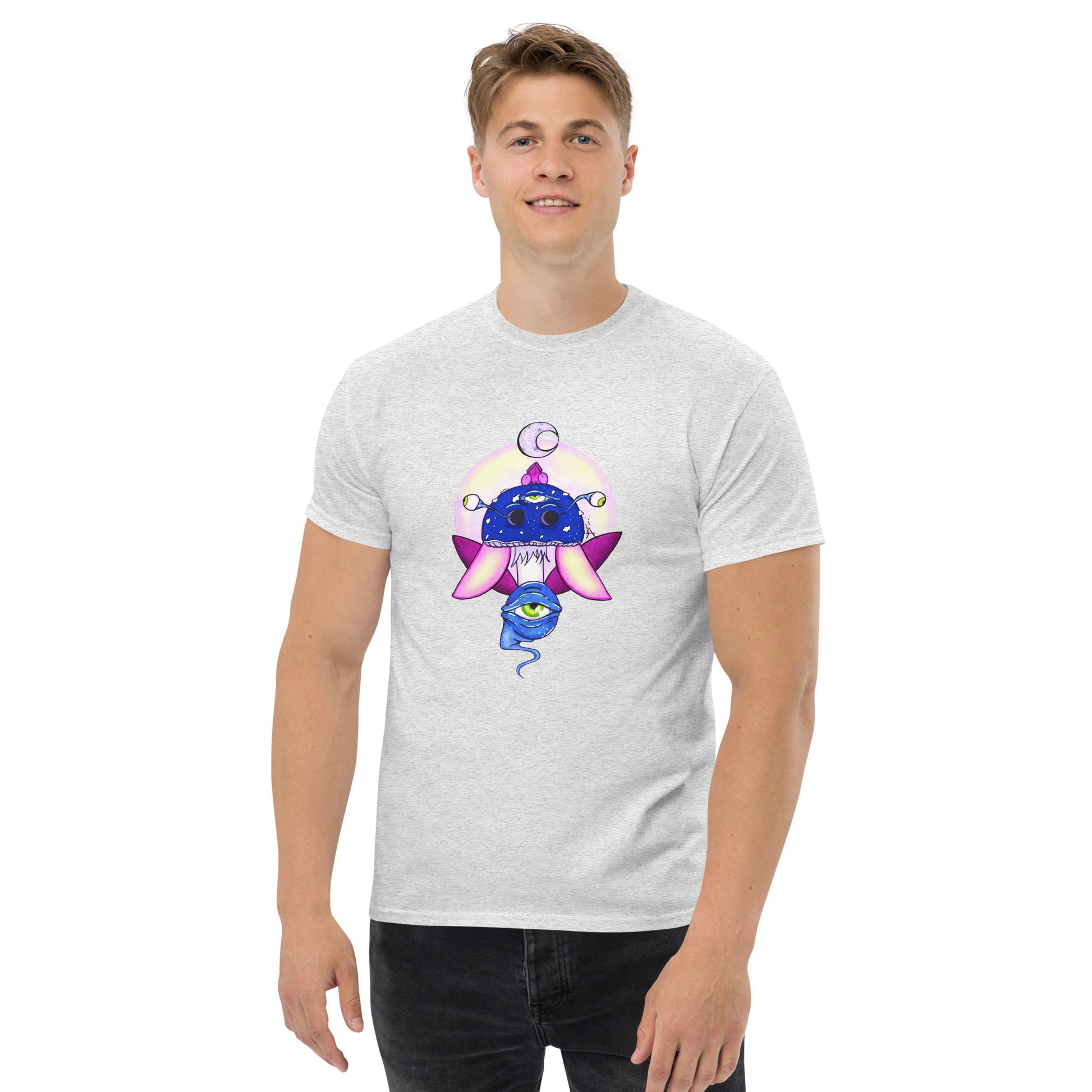 male model wears ash tshirt psychedelic toadstool mushroom with eyes full moon crescent moon flying insect in winter blue and purple