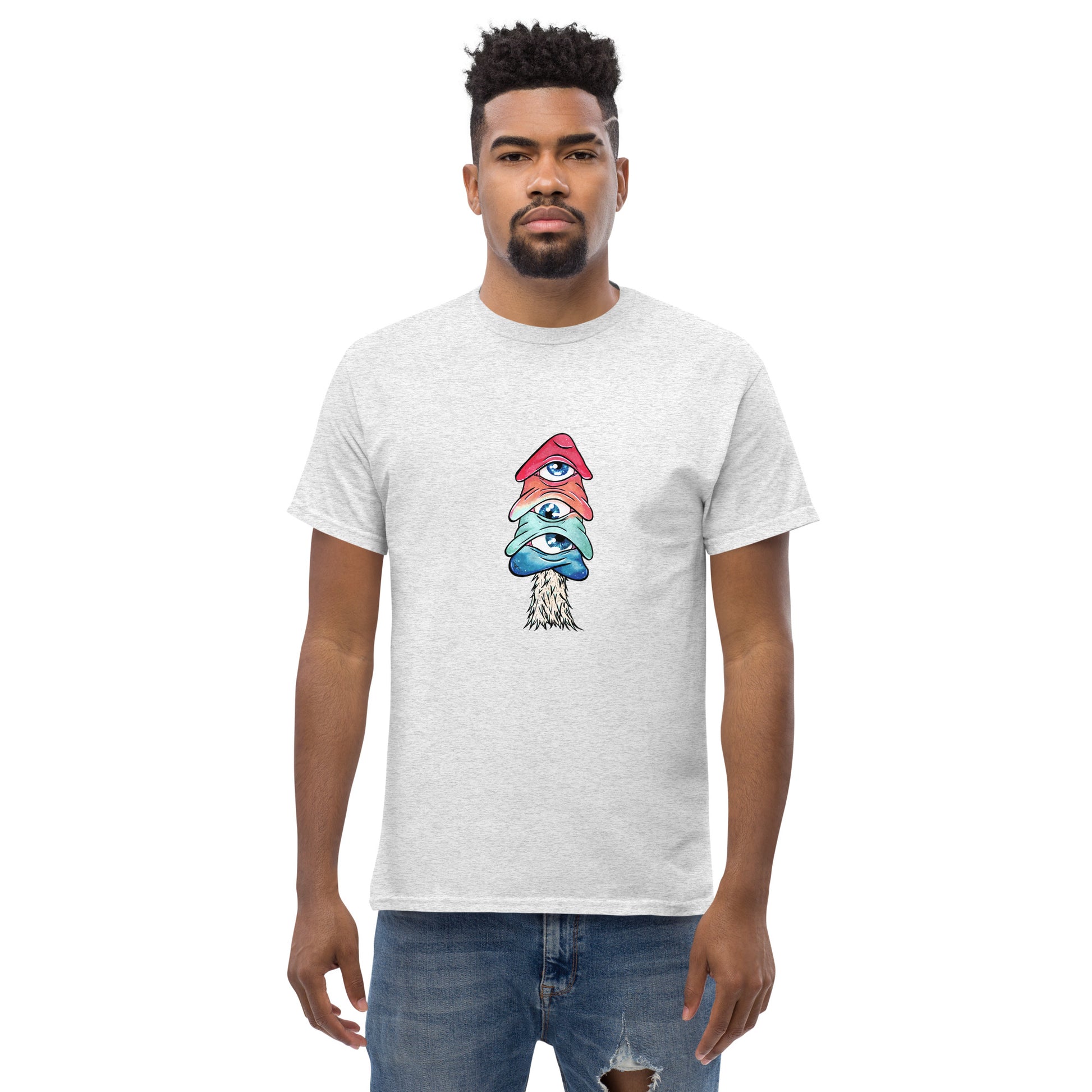 male wears ash crew neck tshirt mushroom with 3 eyes in pink green and blue