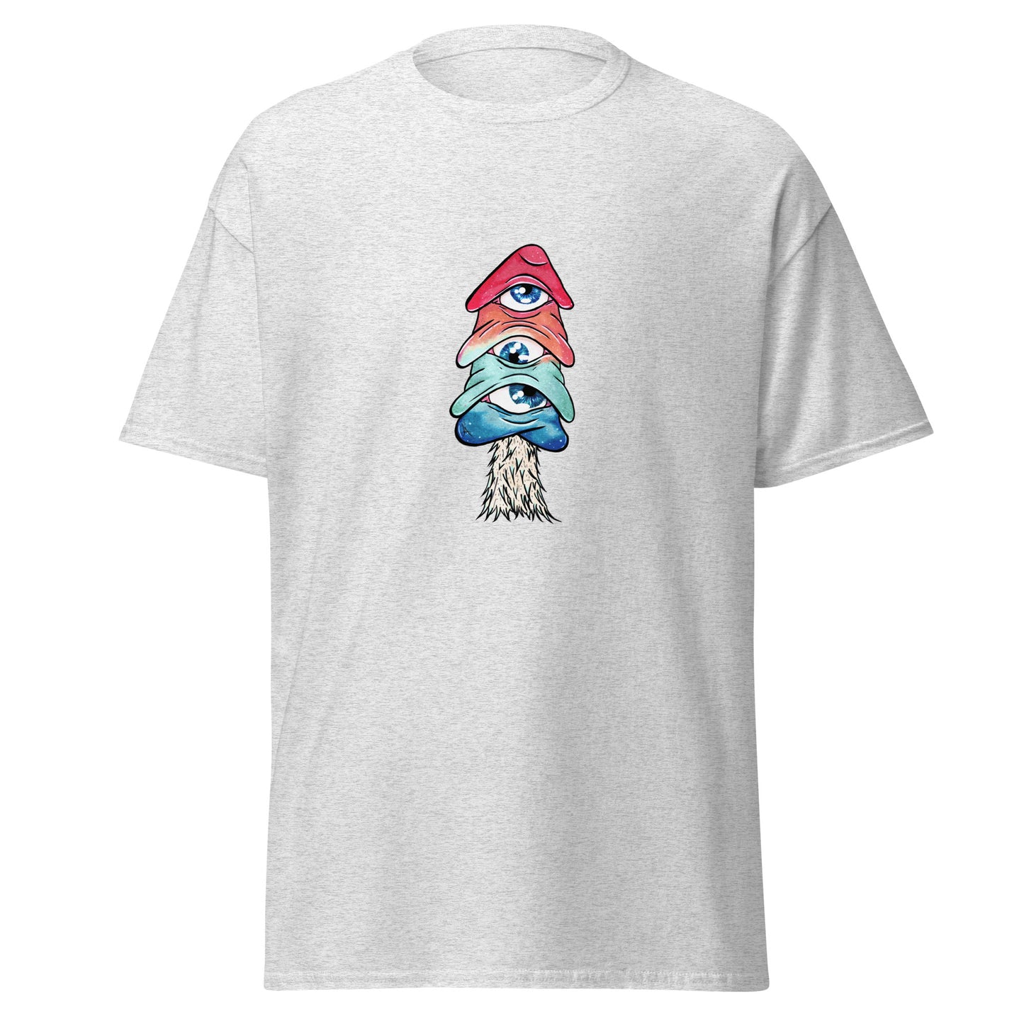 ash crew neck tshirt mushroom with 3 eyes in pink green and blue