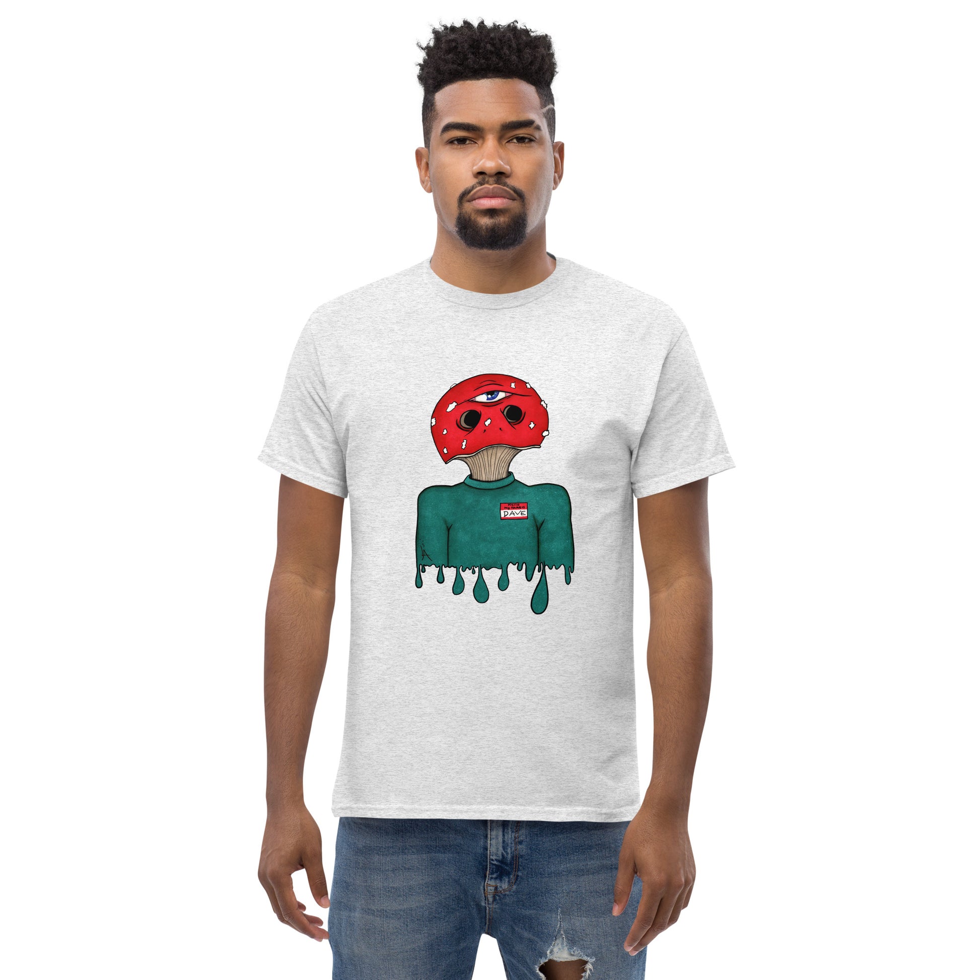 male wears trippy toadstool mushroom man named Dave printed on ash crew neck t-shirt