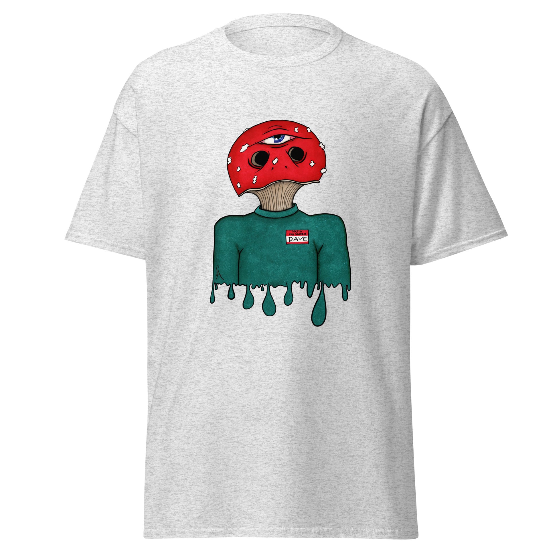 trippy toadstool mushroom man named Dave printed on ash crew neck t-shirt