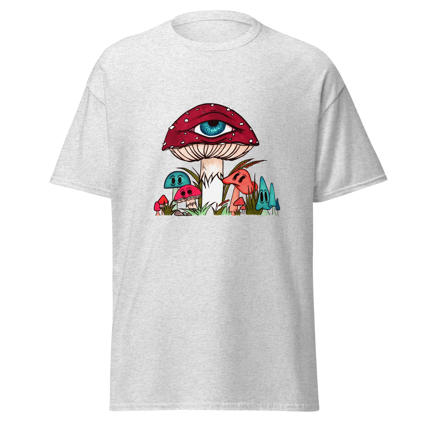 ash tshirt red and white toadstool mushroom with all seeing eye smaller surrounding blue orange and red mushrooms