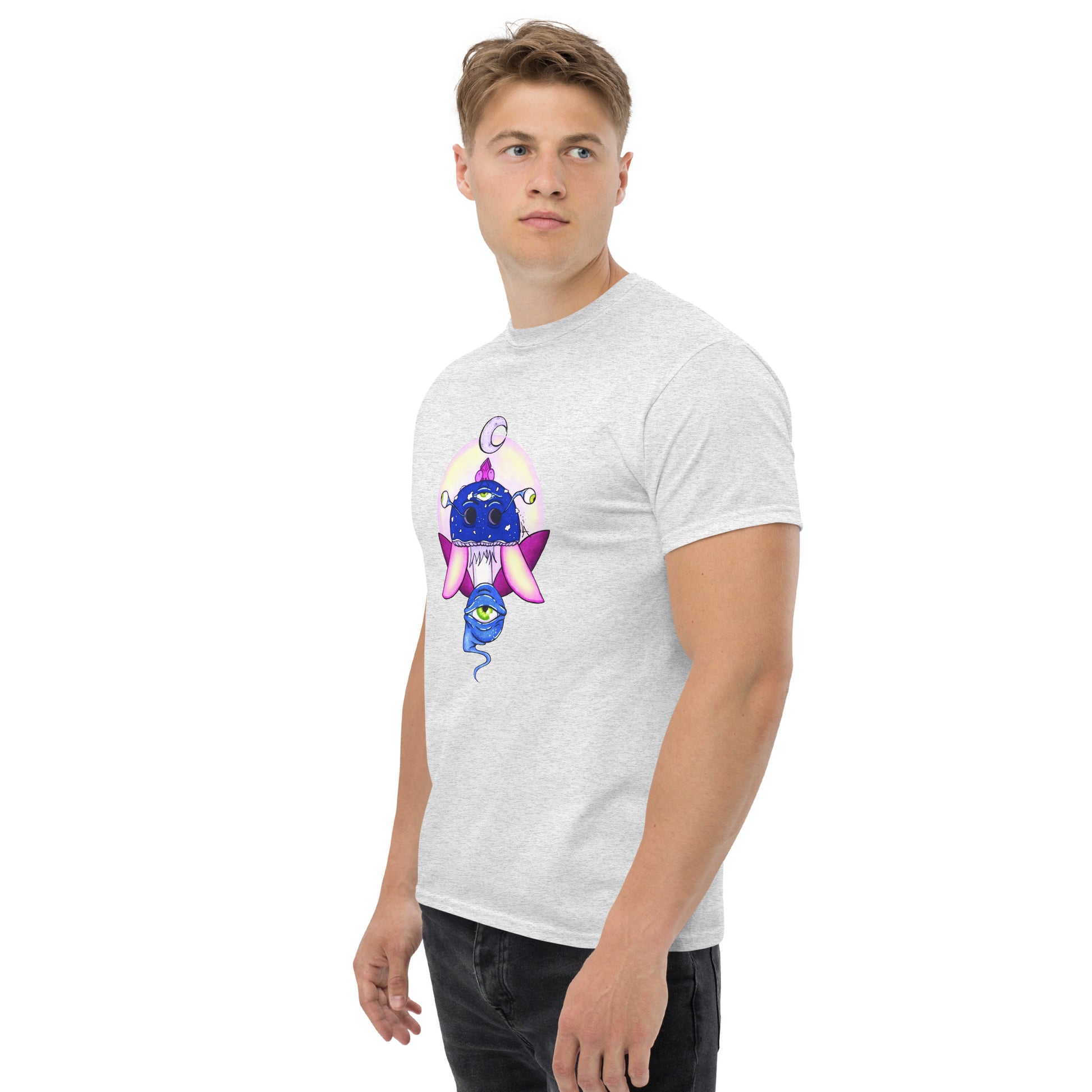 male wears ash tshirt psychedelic toadstool mushroom with eyes full moon crescent moon flying insect in winter blue and purple side profile 