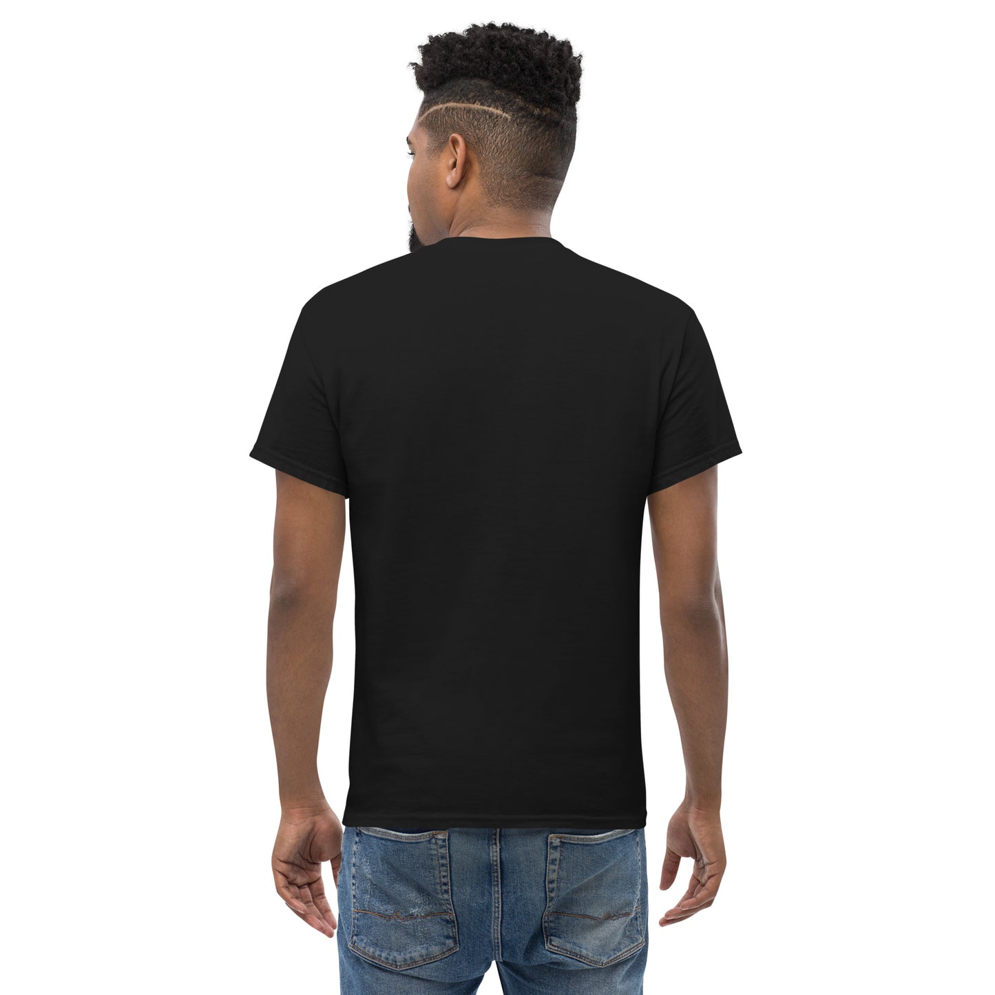 male wears black tshirt back view