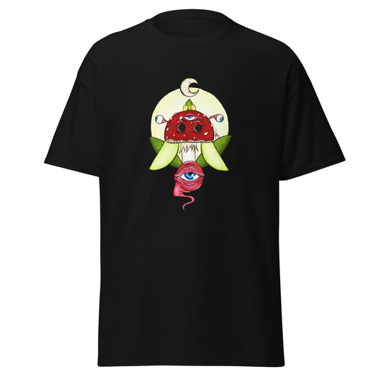 black tshirt psychedelic toadstool mushroom with eyes full moon crescent moon flying insect